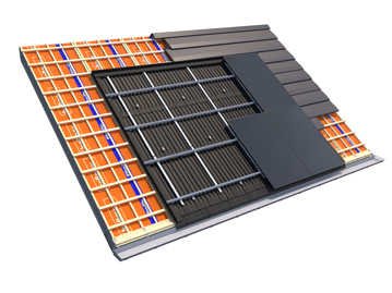 Packshot van SlimFix XT dakelementen met daarop een PV indaksysteem